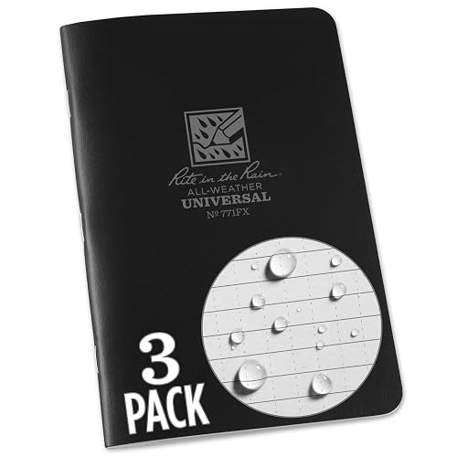 Rite In The Rain Weatherproof Stapled Notebook, 4.625" x 7", Black Cover, Universal Pattern, 3 Pack (No. 771FX)