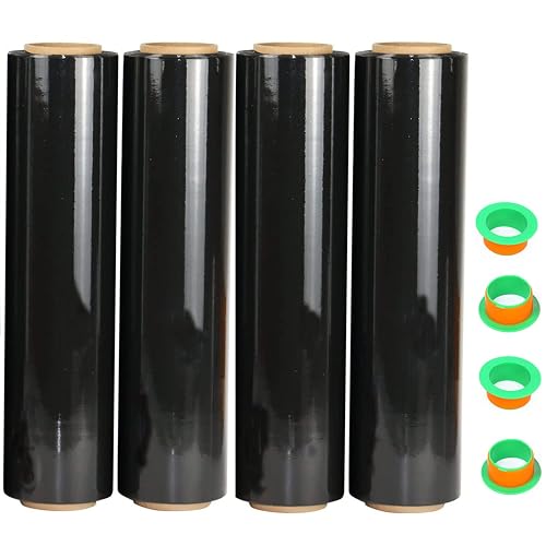 4 Pack Black Stretch Wrap 18" x 1000 Feet 80 Gauge Industrial Strength with Plastic Handle, Plastic Pallet Supplies Durable Self-Adhering for Packing, Moving, Heavy Duty Shrink Film Rolls