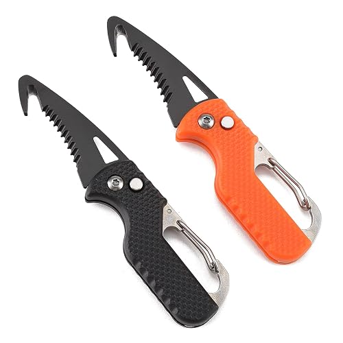 YISIDA 2 PACK Mini Folding Keychain Knife, Box/Seatbelt Cutter, Portable Rescue Knife, Orange and Black, 4.3 inch