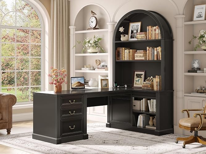 SEDETA 67" L Shaped Desk with Tall Arched Bookshelf & 3 Drawers Storage | Black Mid-Century Office Computer Desk with Hutch Shelves, Corner Executive Desk with Sliding Barn Door for Home Office