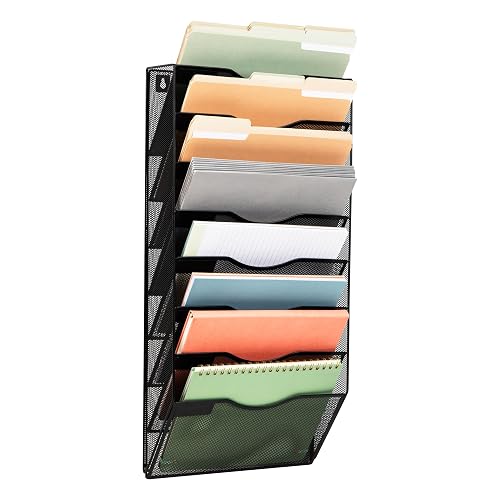 Mind Reader Wall File Organizer, 8 Pocket Hanging Document Rack, Office Wall Mount, Metal Mesh, Black
