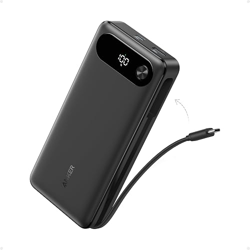 Anker Power Bank, 20,000mAh Travel Essential, Built-in USB-C Cable(Black) | 3-Port 87W Max Fast Charging Battery Pack, for MacBook, iPhone 16 / 15 Series, Samsung, Switch, and More