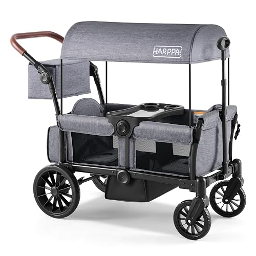 Harppa Rori Wagon Stroller for 2 Kids, 8''/12''All-Terrain Wheels | Foldable Outdoor Stroller Wagon with Removable Canopy, Adjustable Push & Pull Handle, Footwell & Large Storage, Grey