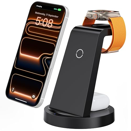Anlmz 3 in 1 Charging Station - Wireless Charger for Apple Multiple Devices | Fast Charge Stand for iPhone 18-8 iWatch Airpods 4 3 Pro No Tangled Cables Ideal for Desk Bedside with 18W Adapter Black