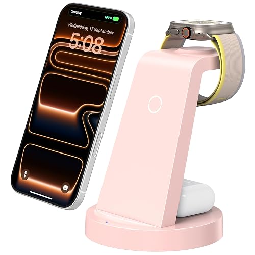 Anlmz 3 in 1 Charging Station - Wireless Charger for Apple Multiple Devices | Fast Charge Stand for iPhone 18-8 iWatch Airpods 4 3 Pro No Tangled Cables Ideal for Desk Bedside with 18W Adapter Pink