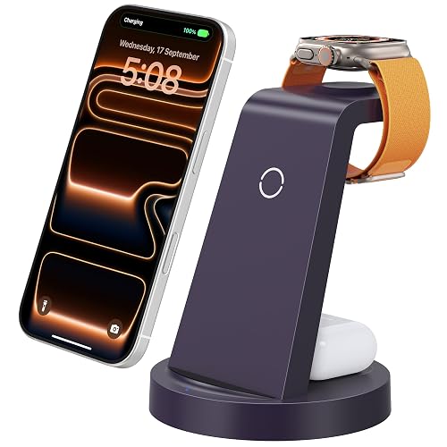 Anlmz 3 in 1 Charging Station - Wireless Charger for Apple Multiple Devices | Fast Charge Stand for iPhone 17-8 iWatch Airpods 4 3 Pro No Tangled Cables Ideal for Desk Bedside with 18W Adapter Purple