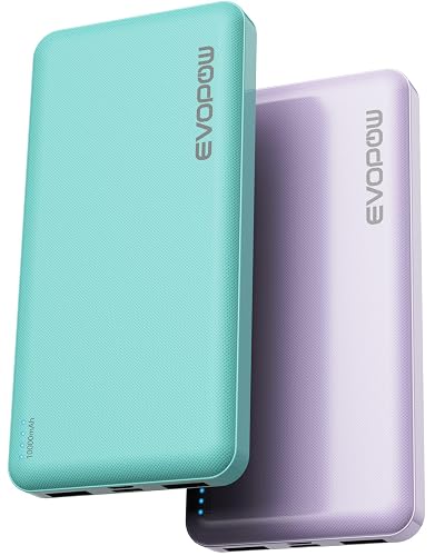 Evopow 2 Pack Portable Charger, 10000mAh Power Bank-Green&Purple | Flight-Safe, Slim, 3 Outputs 2 Inputs, 37Wh, for iPhone Samsung Android Camping Backpack and Heated Vest etc
