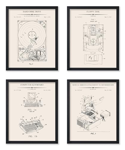 Poster Master 4-Piece Computer Blueprint Poster - Hard Disk Drive Patent Print - Floppy Disk Art - Electronics Artwork - Black & White Artwork - Great Office Wall Decor - 8x10 UNFRAMED