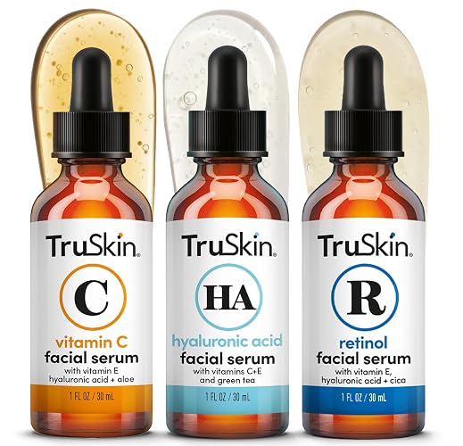 TruSkin Serum Trio with Vitamin C, Retinol & Hyaluronic Acid, 1 fl oz Each | Complete anti aging AM, PM & all-day skincare routine with coordinated serums to brighten, smooth & hydrate skin