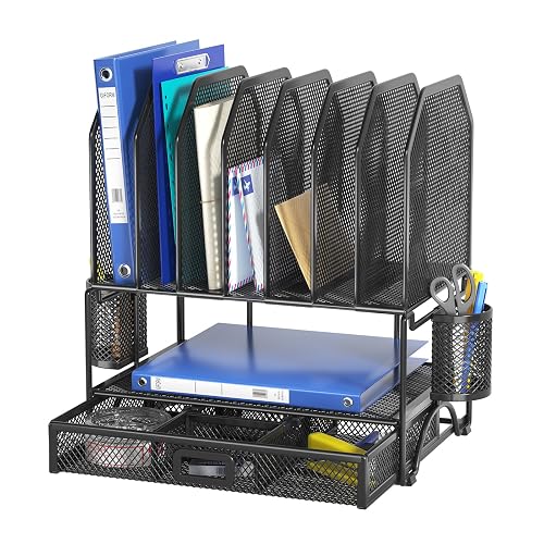 FANXIYQ Metal Desk Organizer with Sliding Drawer, 7-Section File Organizer for Desk, Desktop File Folder & Paper Organizer with 2 Hanging Pen Holders, Office Supplies Organizer, Black
