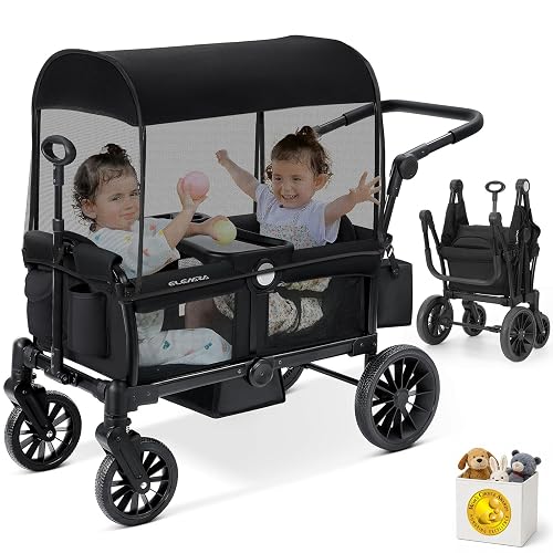 ELEMARA Stroller Wagon, 2 Seat Stroller for 2 Kids, Premium All Terrain Stroller for Kids w/Removable Canopy, Adjustable Push/Pull Handle, Large Storage Bag, Black