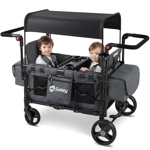Sekey Wagon Stroller for 2 Kids, Luxury 4-in-1 Stroller Wagon - Premium Quality with Convertible Seats, Adjustable Push Handles, Removable Canopy, Cup Holder, Snack Tray & Cooler, US Certified