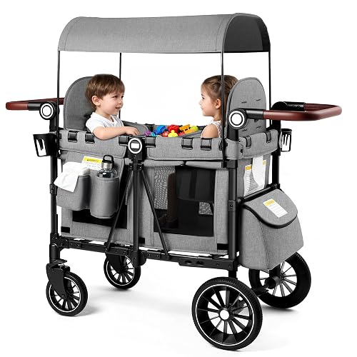 Kinder King Wagon Stroller for 2 Kids, Shock-Absorbing Wheels, Grey | All-Terrain 2 Seater Foldable Outdoor Stroller Wagon, Adjustable Handle, Removable Canopy, Detachable Tray, Large Storage
