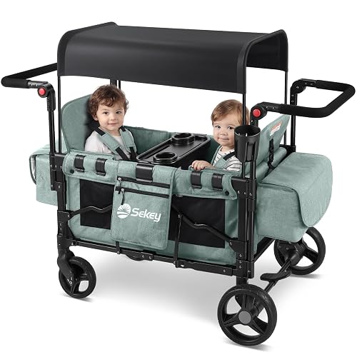 Sekey Wagon Stroller for 2 Kids, Luxury 4-in-1 Stroller Wagon - Premium Quality with Convertible Seats, Adjustable Push Handles, Removable Canopy, Cup Holder, Snack Tray & Cooler, US Certified.