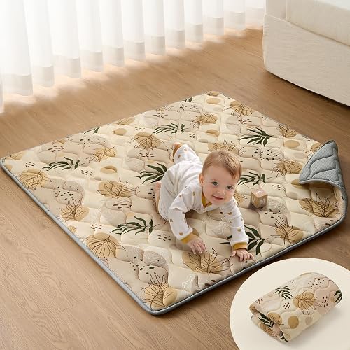 Blissful Diary Portable Baby Play Mats for Floor, Thick Cushioned Foldable Baby Crawling Mat for Indoor Outdoor, Non-Slip & Washable Kids Playmat for Tummy Time Activity, Earth Tones 43" X 43"