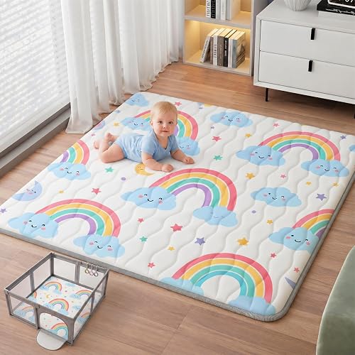Baby Play Mat, 71x59 Thickened Playpen Mat, Waterproof & Non-Slip, Foldable Play Mat for Floor, Machine Washable Crawling Mats for Infants & Toddlers, Floor Activity and Playing & Learning, Rainbow