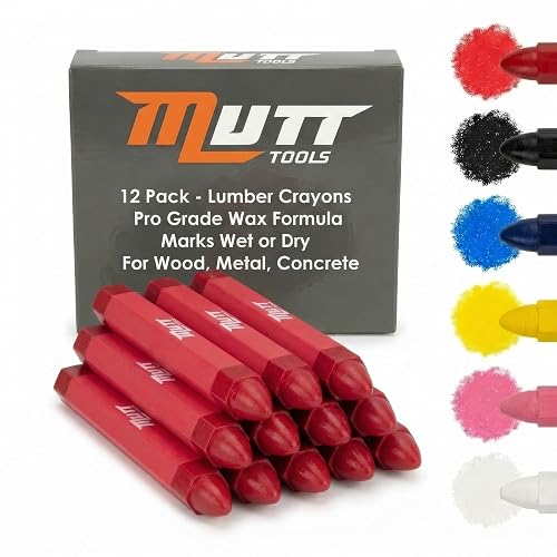 Mutt Tools Red Lumber Crayons 12 Pack - Construction Crayon | Red, 12 Pack, Wax Formula, Hexagonal Grip, High Visibility