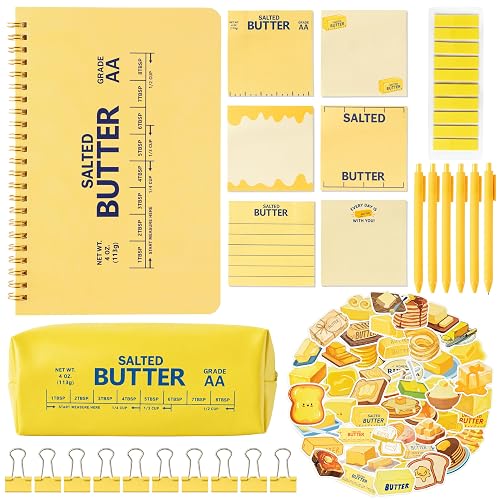 CPicdn 75Pcs Funny Butter Stationery Set School Supplies Christmas Gift | Butter Pencil Case Notebook Sticky Notes, Yellow Ballpoint Pens Index Tab Binder Clip, Stationery Gifts for Kid Adult Student