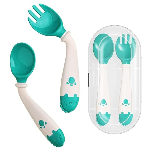 Deejoy Toddler Utensils Self-feeding Flatware Set withTravel Case-Green | Baby Spoons and Forks with Silicone Bendable Handle, Easy Grip Heat-Resistant, Ideal for Kids, Stage 2