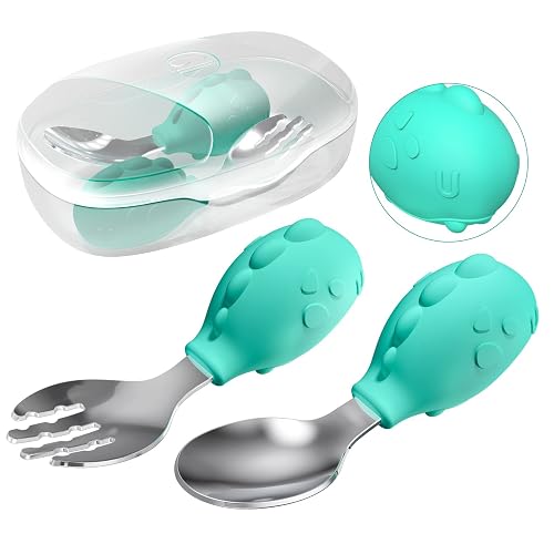 Deejoy Baby Spoons and Forks, Stainless Steel Spoon withTravel Case-Green | Toddler Utensils with Silicone Bendable Handle, Easy Grip Heat-Resistant, Ideal for Kids, Stage 2