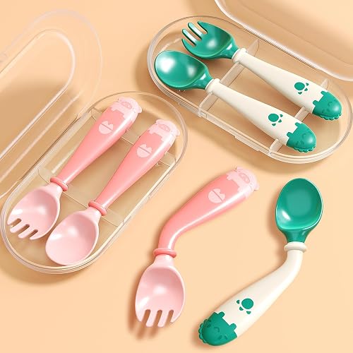 Deejoy Baby Spoons and Forks withTravel Case-Green & Pink | Toddler Utensils Self-feeding Flatware Set with Silicone Bendable Handle, Easy Grip Heat-Resistant, Stage 2