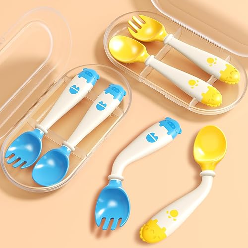 Deejoy Baby Spoons and Forks withTravel Case-Yellow & Blue | Toddler Utensils Self-feeding Flatware Set with Silicone Bendable Handle, Easy Grip Heat-Resistant, Stage 2