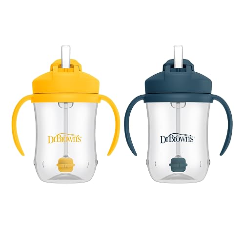 Dr. Brown's Milestones Baby's First Straw Cup, Blue & Yellow, 2-Pack | 9 oz/270 mL Toddler Training Cups with Weighted Straws, BPA-Free, 6m+