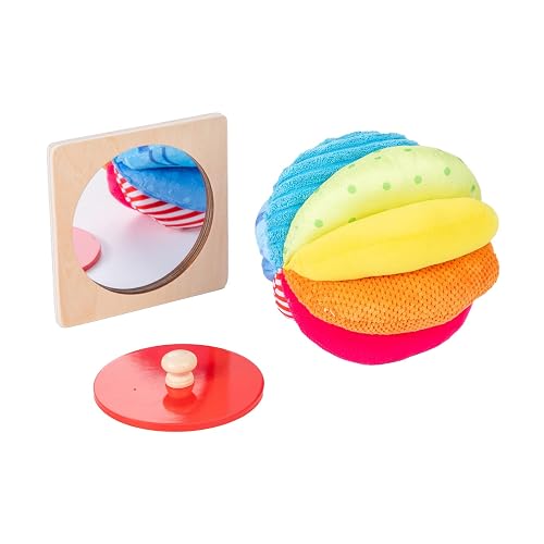 Adena Montessori Play Kit: Knob Puzzle & Fabric Ball, 6-12m | Red knob puzzle with mirror for self-awareness + rainbow fabric ball. Boosts motor, tactile & object permanence.