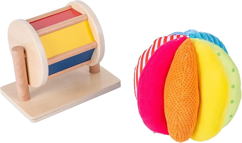 Adena Montessori Play Kit: Spinning Drum & Fabric Ball, 6-12m | Spinning drum with mirror + rainbow fabric ball. Builds tummy time, motor, tracking & tactile. Gift 6-12m.