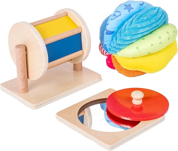 Adena Montessori Play Kit: Knob Puzzle, Drum & Ball, 6-12m | Wood & fabric, Red mirror knob puzzle, spinning drum & rainbow ball. Builds motor, tracking & self-awareness. Tummy time.