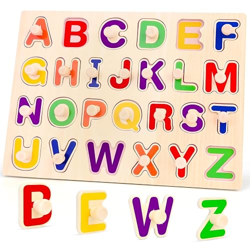 Jumlys Montessori Toys for Toddlers 1, 2, 3 Year Old, Wooden Alphabet Puzzles for Kids 1-3, Early Learning & Educational ABC Puzzle Toys, Perfect Christmas Birthday Gifts for Boys & Girls Age 1-3