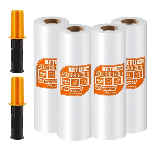 Clear Stretch Film Shrink Wrap for Moving Supplies (15inch, 4 Pack) x 1000ft, Industrial Strength Plastic Wrap Stretch Roll for Pallet Wrapping Shipping Moving Boxes Storage Furniture with Handles