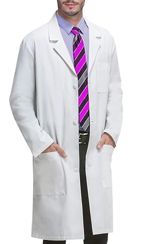 VOGRYE Mens Lab Coat with 3 Pockets for Chemistry College Classes | white button front long sleeve notched lapel machine wash cold soft light paint smock in chemistry and shop work