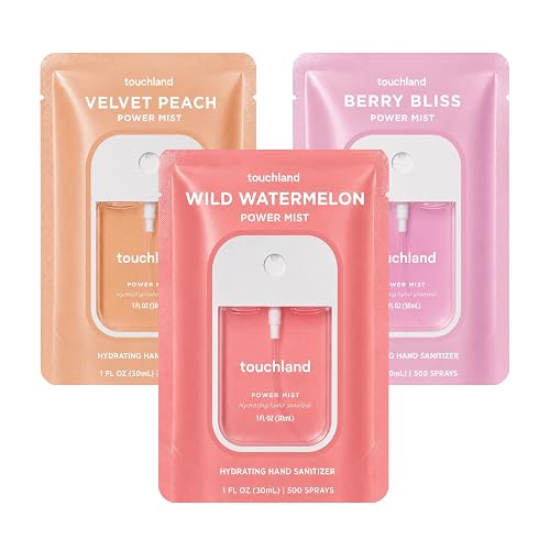 Touchland Juicy Trio Hydrating Hand Sanitizer Spray Set Travel Size | TSA ready Power Mist with skincare benefits. Velvet Peach, Berry Bliss and Wild Watermelon.
