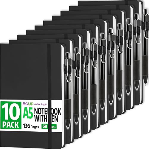 BGUP 10 Pack Lined Journal Notebook with Pen, A5 Hardcover Leather Journal 5.5"*8.3", Black 136 Pages College Ruled Notebooks and Pen Set for Office School Business Supplies
