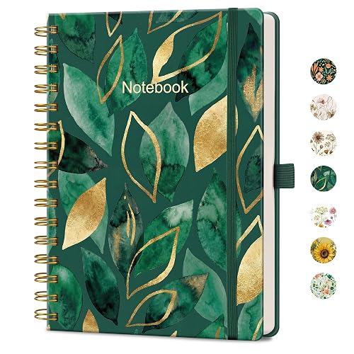 AHGXG Spiral Journal Notebook, 160 Lined Pages, A5 Size (5.7'' x 8.3'') | for Men & Women, Journaling, Writing, Work & Office, Hardcover, 100 GSM Thick Paper (Golden Emerald Leaves)