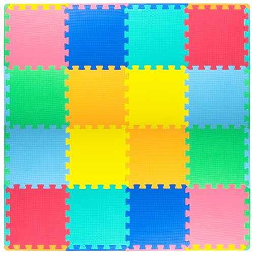 ProSource Play Mat, Soft Foam Floor Tiles for Kids, Interlocking EVA Panels for Playpen Use, Crawling Development Surface, Safe Non-Toxic Flooring, 16 Tiles, Multicolor