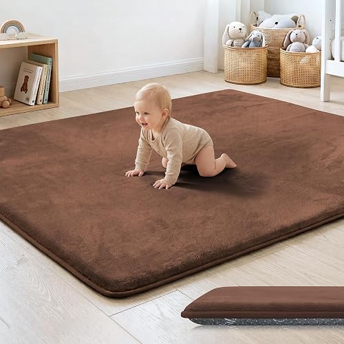 PAPAMAT 1.3" Thick Baby Floor Play Mat 50x50 Padded Foam Mat for Kids Brown | Memory Mat for Baby to Play on Floor Waterproof Easy Care with Non-Slip Tummy Time Play Mat for Nursery Playroom Classroom