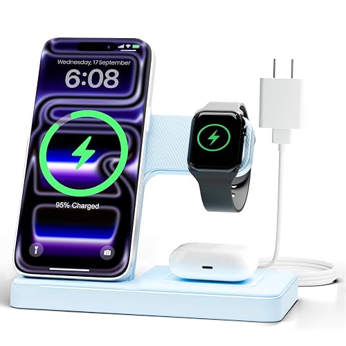 GETPALS Wireless Charger iPhone Charging Station for Apple Multiple Devices | 3 in 1 Charger Stand for iPhone 18 Pro Max 17 17e 16 16e 15 14 13 12 & Watch Series 12-2 SE Ultra & Airpods 5 4 3 Pro, Blue
