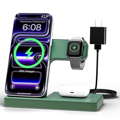 GETPALS Wireless Charger iPhone Charging Station for Apple Multiple Devices | 3 in 1 Charger Stand for iPhone 18 Pro Max 17 17e 16 15 14 13 12 & Watch Series 12-2 SE Ultra & Airpods 5 4 3 Pro, Dark Green