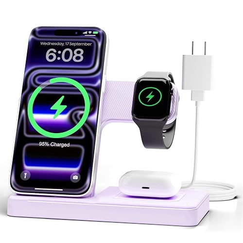 GETPALS Wireless Charger iPhone Charging Station for Apple Multiple Devices | 3 in 1 Charger Stand for iPhone 18 Pro Max 17 17e 16 16e 15 14 13 12 & Watch Series 12-2 SE Ultra & Airpods 5 4 3 Pro, Violet