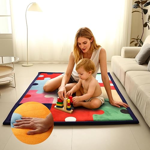 Halaluxe Baby Play Mat 60"x80" Extra Thick (1.4") | Memory Foam Crawl Mat for Infants & Toddlers | Non-Slip | Waterproof | Tummy Time | Puzzle Print Floor Rug