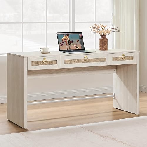 SICOTAS 60" Rattan Home Office Desk with 3 Drawers, White | Boho Executive Desk with Storage, Large Computer Writing Console Table for Study, Office, Living Room