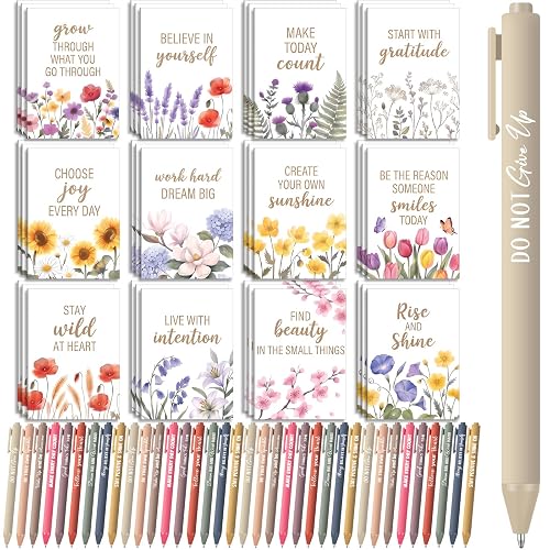 Yeaqee 72 Pcs Motivational Pen Notepad Gifts Bulk Set, Floral | Inspirational Quote Ballpoint Pen Small Notebook Mini Journal Bulk, Idea for Teacher Coworker Gifts, Office School