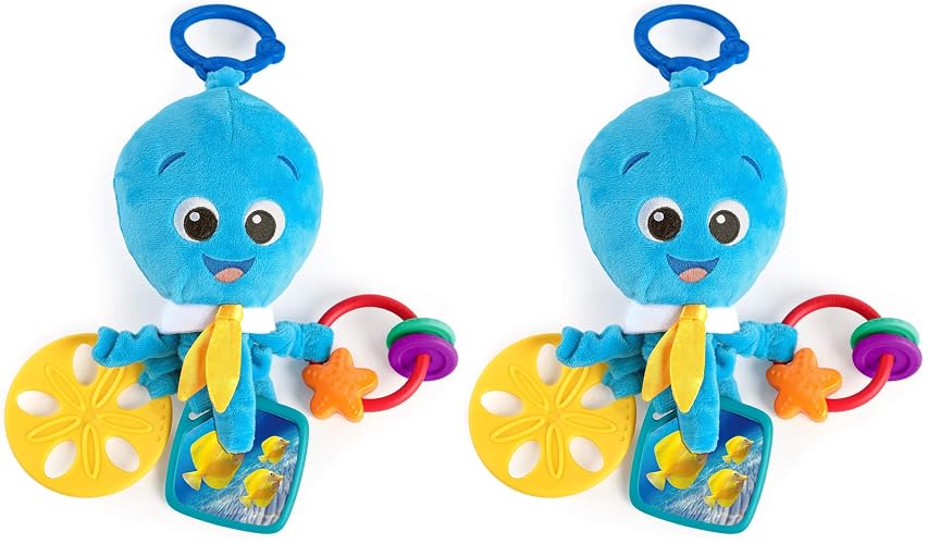 Baby Einstein Activity Arms Octopus BPA Free Clip on Stroller Toy with Rattle and Mirror, Age Newborn +, Blue (Pack of 2)