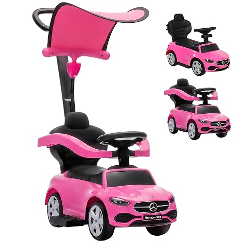 Qaba 4 in 1 Toddler Push Car Licensed Mercedes-Benz for 18-36 Months Pink | Ride On Car, Foot to Floor Slider, Parent Push Handle, Canopy, Guardrails, Horn, Music, Under Seat Storage