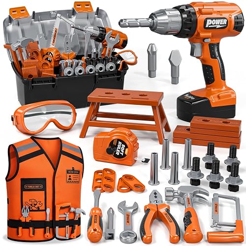 Pandapop Kids Tool Set, Toddler Toys with Box, Toys for 3 4 5 Year Old Boys | Construction Toys with Toy Drill & Kids Safety Vest, DIY Pretend Play Toys, Christmas Birthday Gifts for Boys Girls