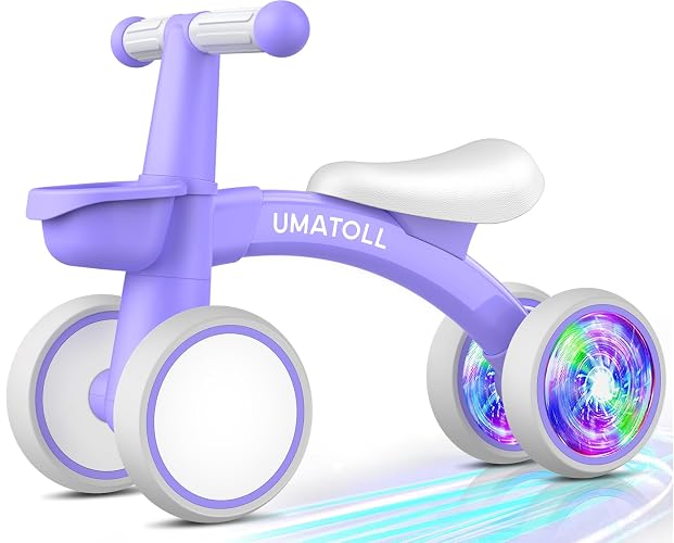 Umatoll Baby Balance Bike Toy for 1 Year Old Boy Girl, First Birthday Gift | 12-24 Months Toddler First Ride on Toys, Colorful Lighting Rear Wheels, Adjustable Seat Baby Walker, Basket