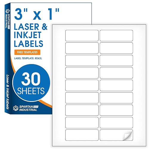 3" X 1" Matte White Printable Address Labels (30 Sheets, 540 Stickers) | Product, Food, Beverage, Barcode, Multipurpose Stickers for Laser & Inkjet Printers - Spartan Industrial Template R043L