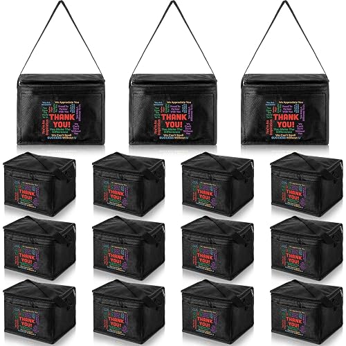 Nuogo 15 Pack Insulated Lunch Bags Bulk, Black, Thank You | Reusable Cooler Boxes for Work School Picnic Beach, Leakproof Waterproof Thermal Set, Insulated Food Carriers